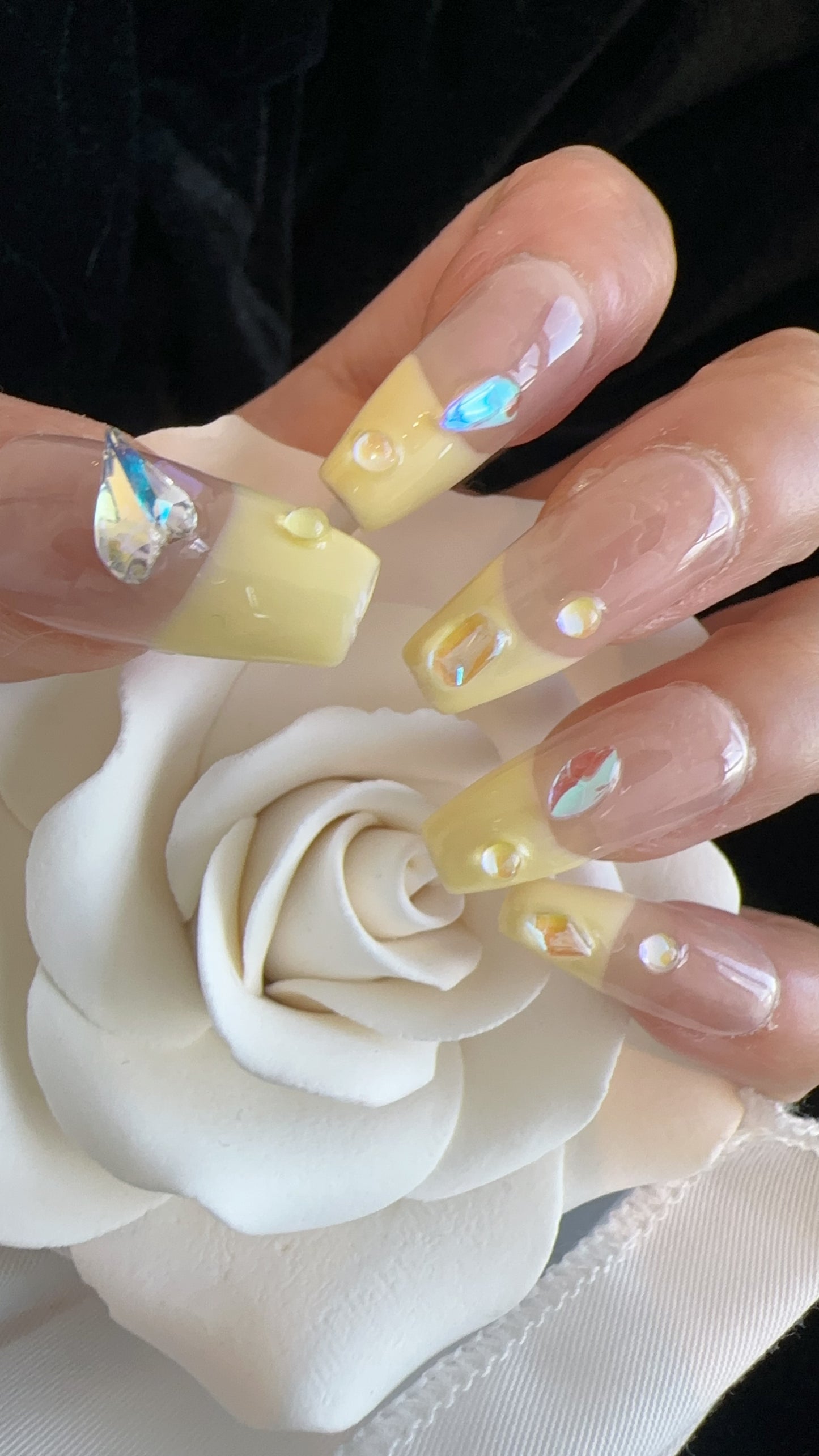 Yellow French tip(long) Reusable Hand Made Press On Nails