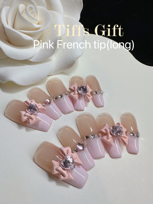 Pink French tip (long) Reusable Hand Made Press On Nails Fake Nails