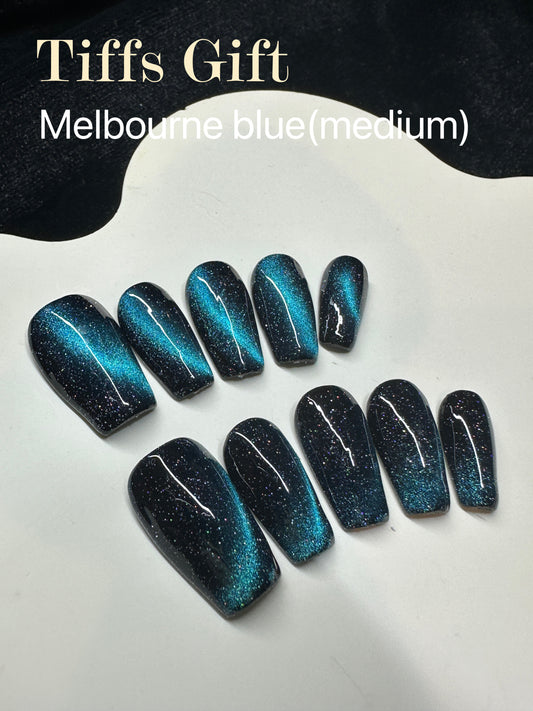 Melbourne blue (medium) Reusable Hand Made Press On Nails Fake Nails