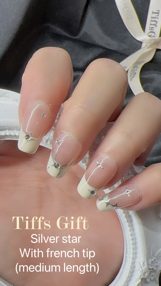 Silver star with French tip (medium) Reusable Hand Made Press On Nails Fake Nails