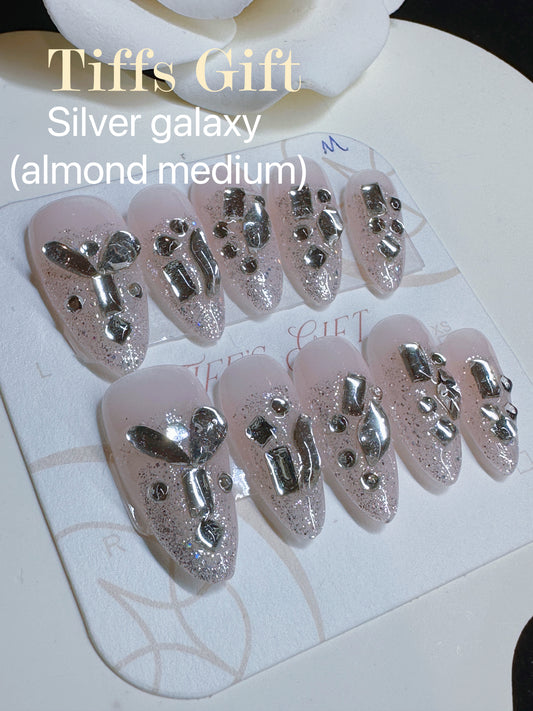 Silver galaxy (almond medium) Reusable Hand Made Press On Nails Fake Nails