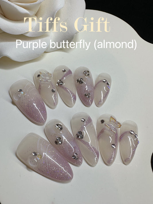 Purple butterfly (almond) Reusable Hand Made Press On Nails Fake Nails