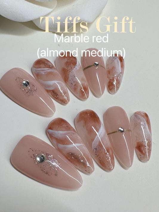 Marble red(almond medium length) Reusable Hand Made Press On Nails Fake Nails