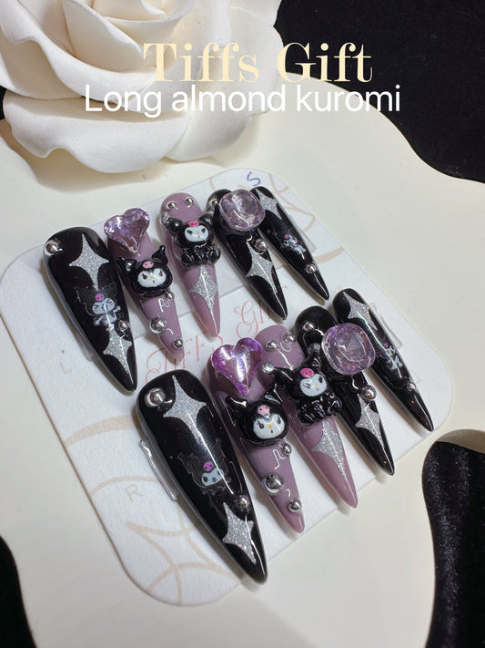 Long almond kuromi Reusable Hand Made Press On Nails Fake Nails