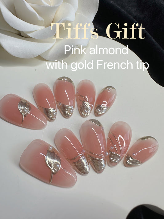 Pink almond with gold French tip Reusable Hand Made Press On Nails Fake Nails