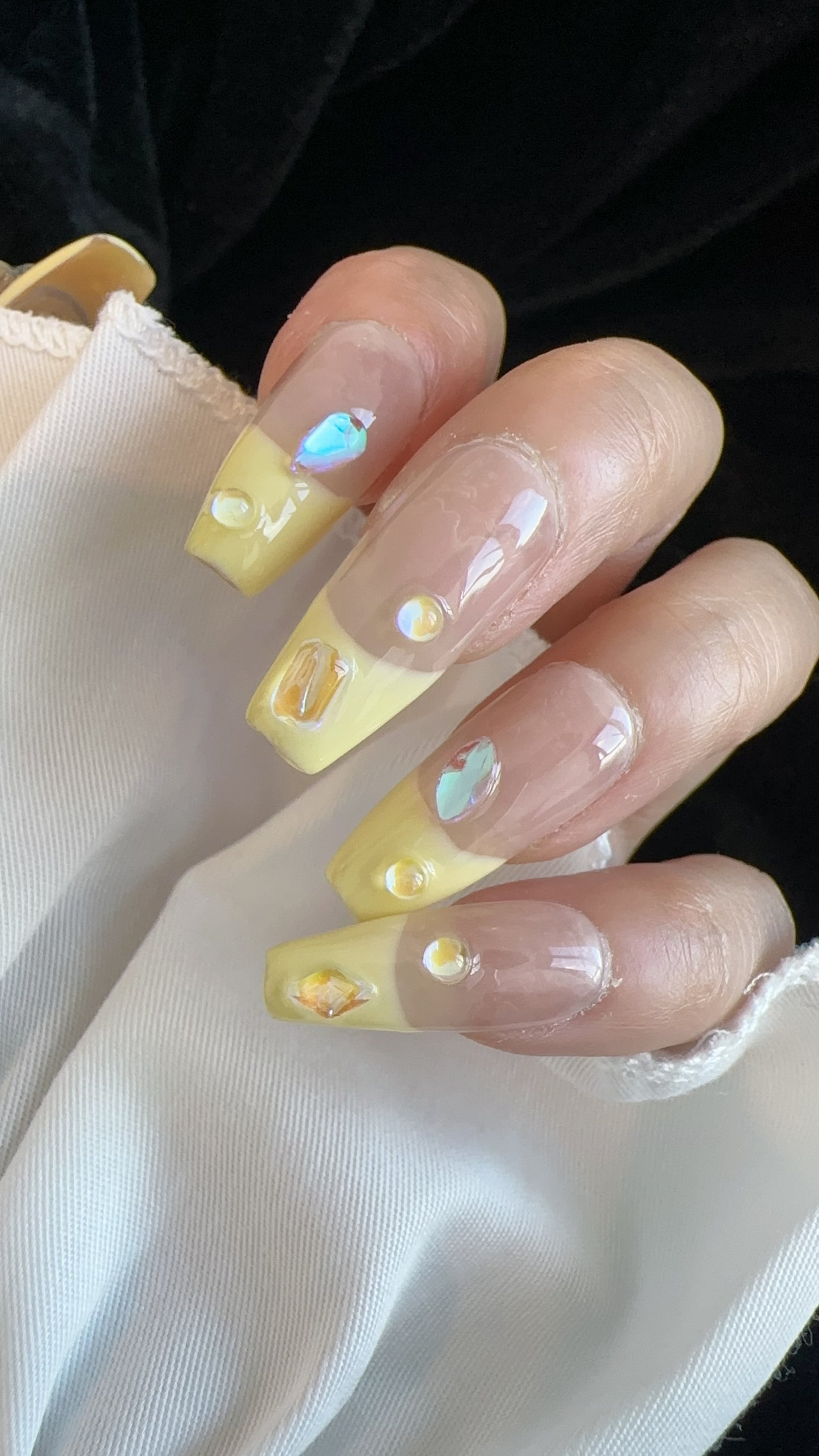 Yellow French tip(long) Reusable Hand Made Press On Nails