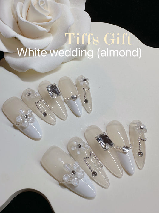 White wedding (almond) Reusable Hand Made Press On Nails Fake Nails