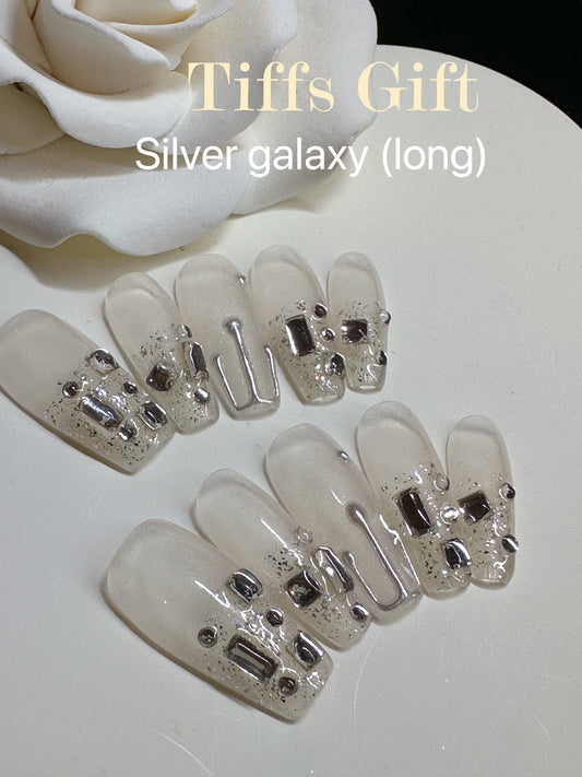 Silver galaxy (long) Reusable Hand Made Press On Nails Fake Nails