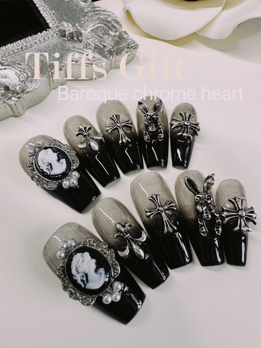 Baroque chrome heart black long Reusable Hand Made Press On Nails - TiffsGift