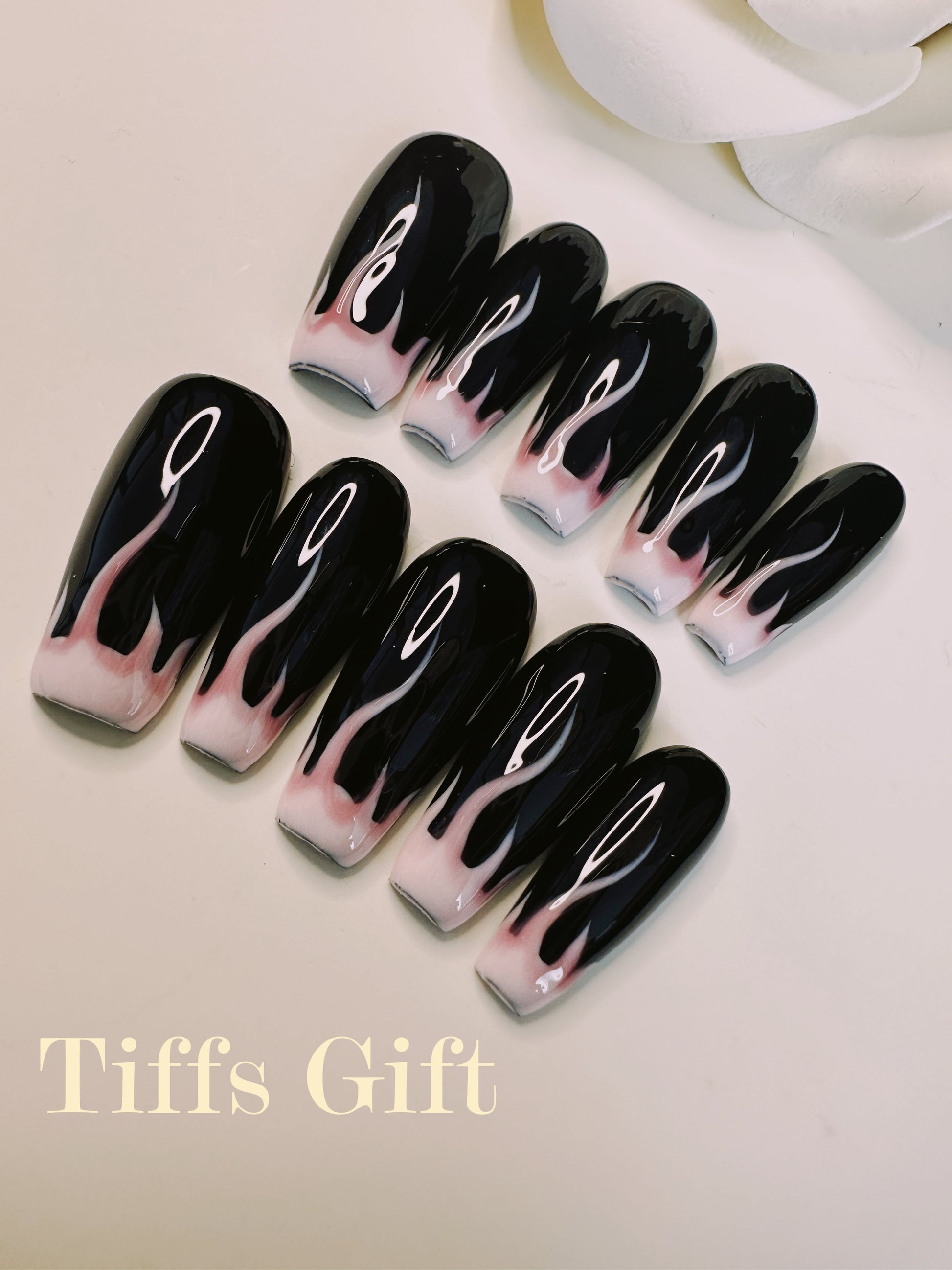 Black pink flame ( long) Reusable Hand Made Press On Nails High Quality - TiffsGift