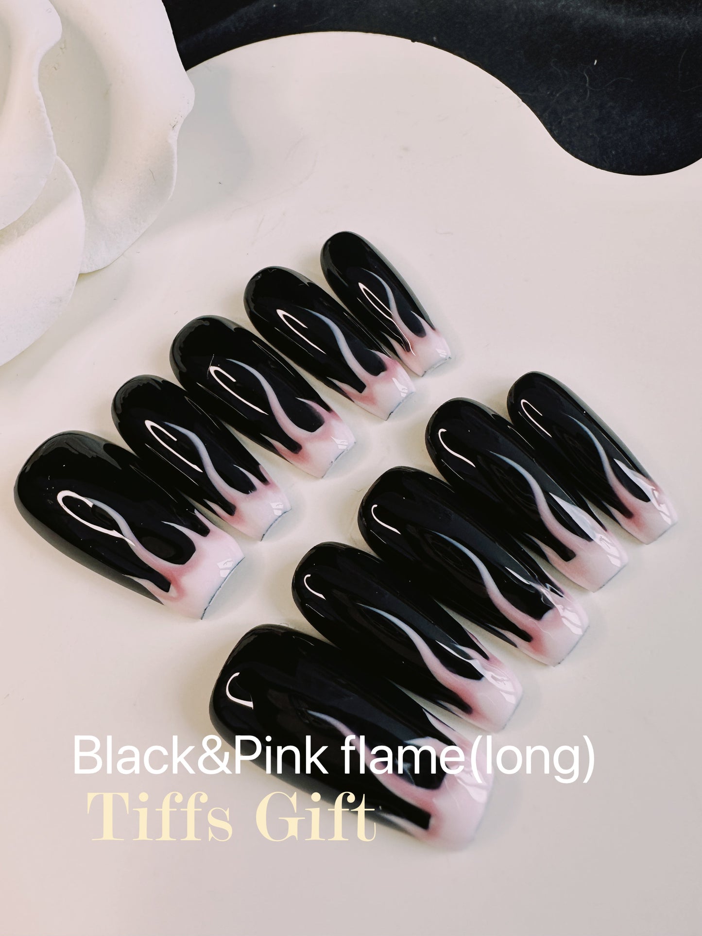 Black pink flame ( long) Reusable Hand Made Press On Nails High Quality - TiffsGift