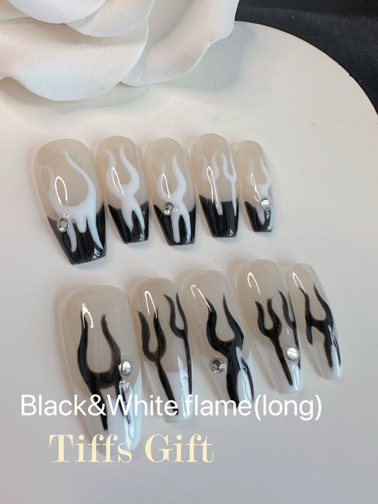 Black white flame (long) Reusable HandMade Press On Nails - TiffsGift
