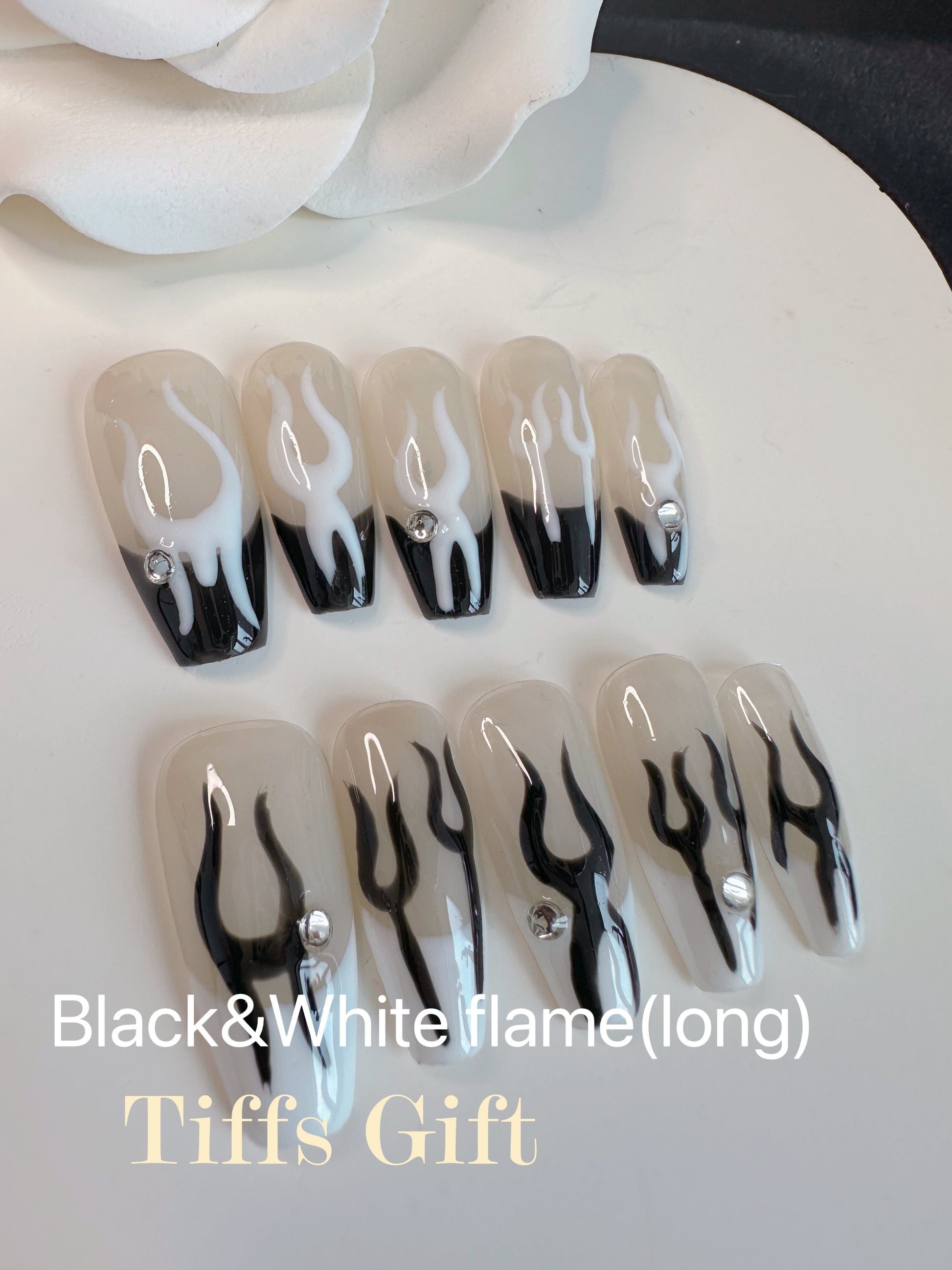 Black white flame (long) Reusable HandMade Press On Nails - TiffsGift