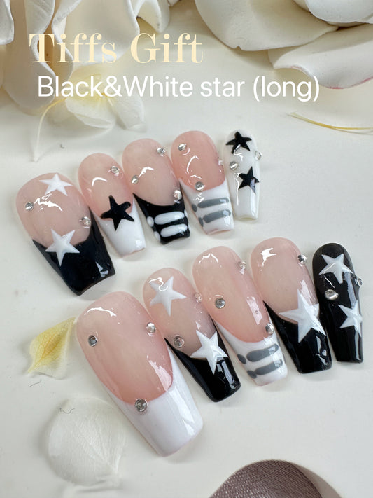 Black&White star (long) Reusable HandMade Press On Nails - TiffsGift