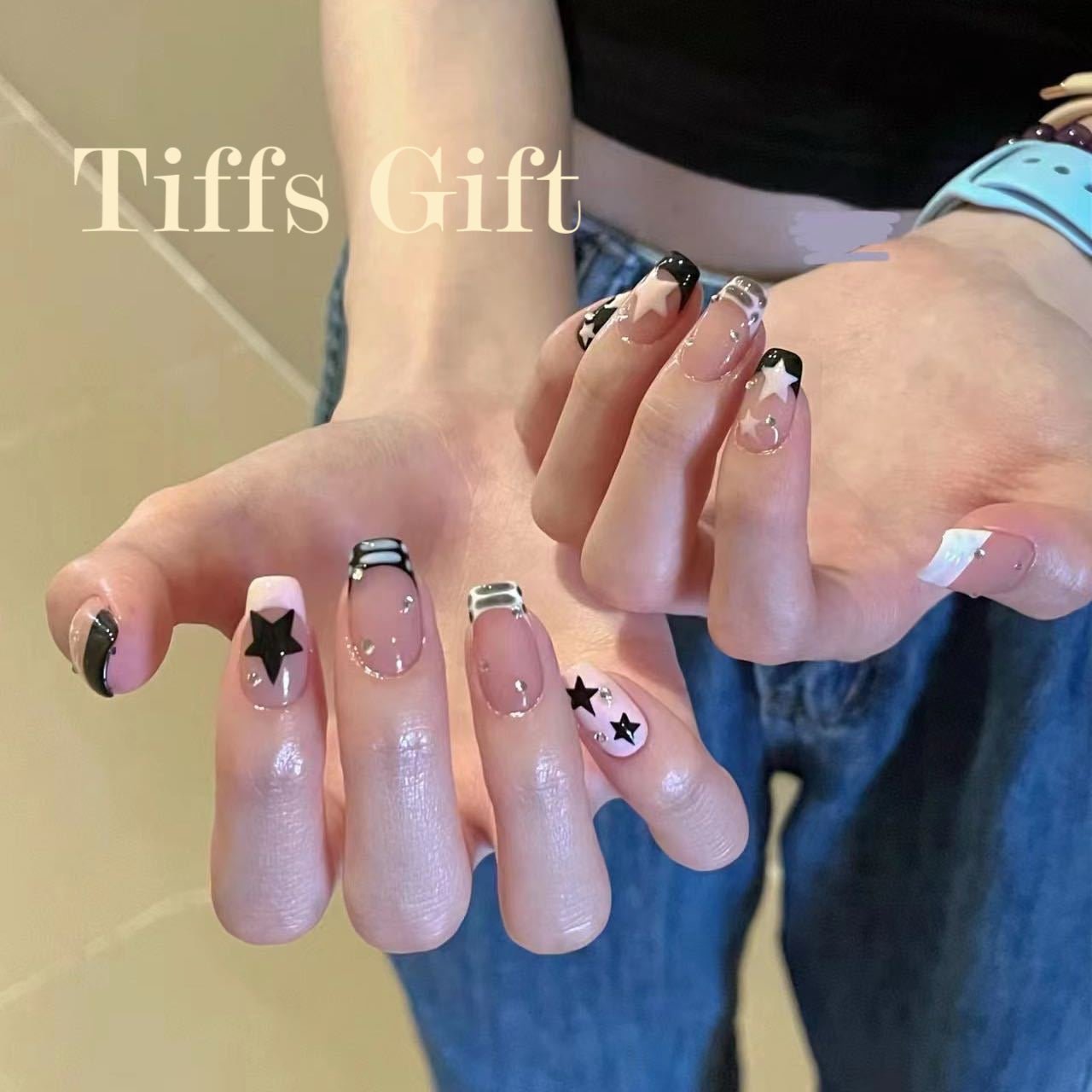 Black&White star (long) Reusable HandMade Press On Nails - TiffsGift