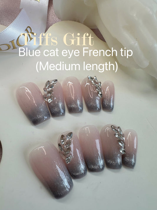 Blue cat eye French tip (medium length) Reusable HandMade Press On Nails - TiffsGift