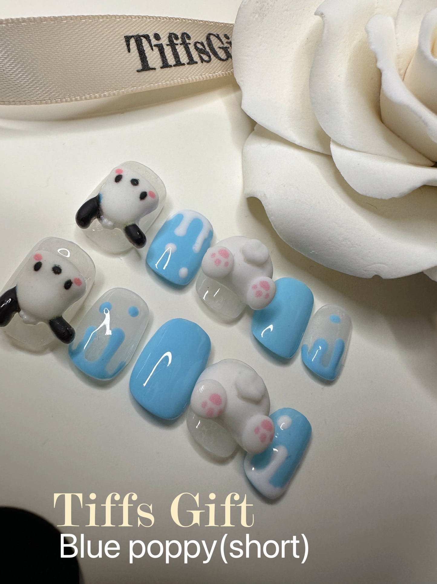 Blue poppy (short) Reusable Hand Made Press On Nails - TiffsGift