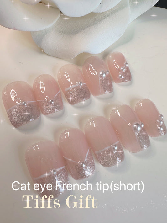 Cat eye French tip (short) Reusable HandMade Press On Nails - TiffsGift