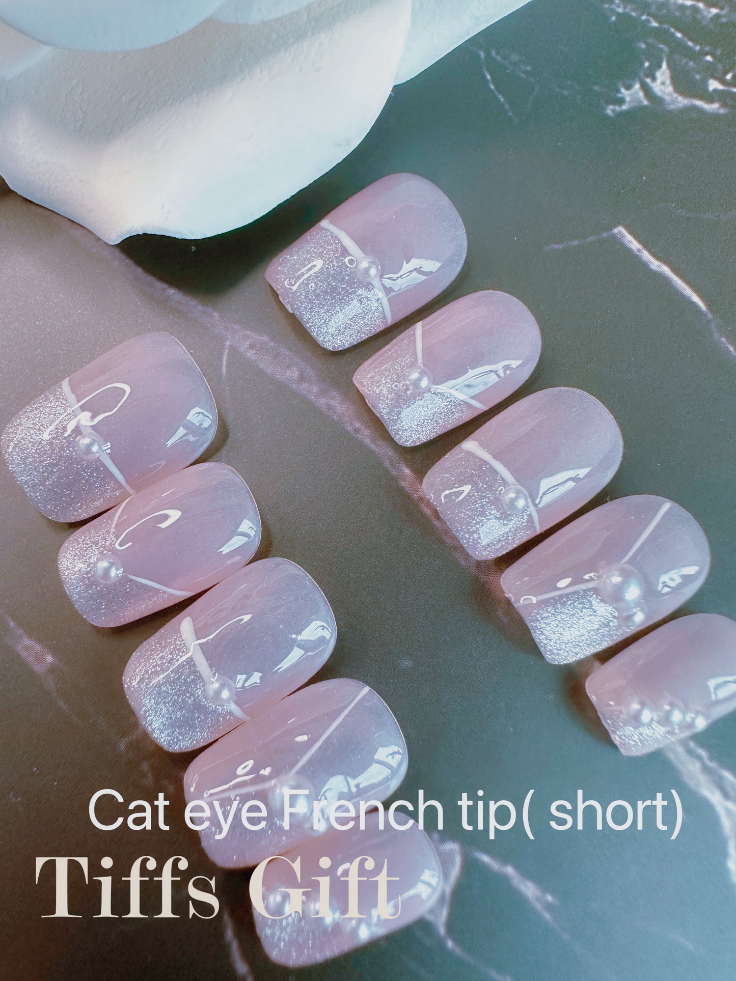 Cat eye French tip (short) Reusable HandMade Press On Nails - TiffsGift