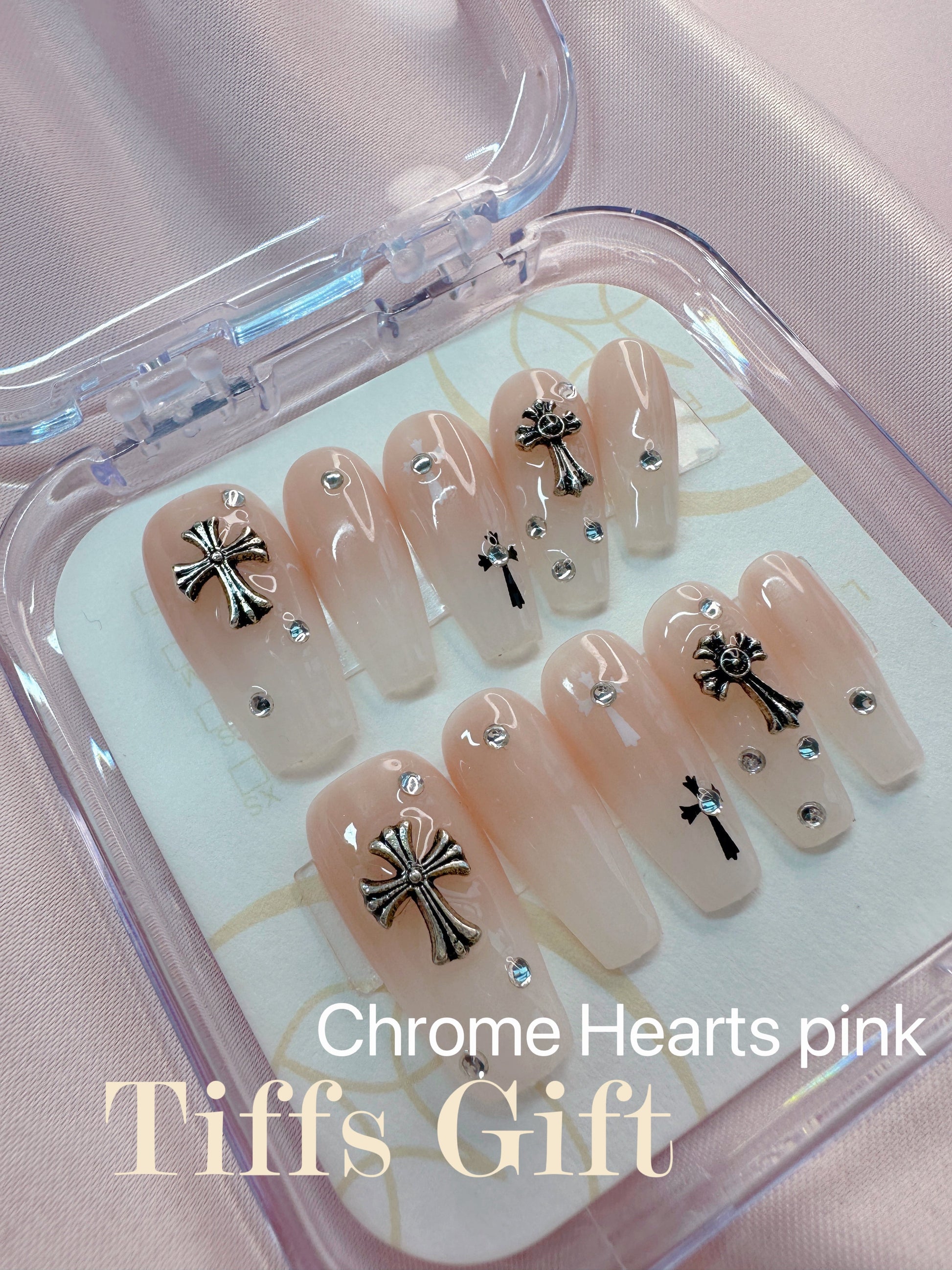 Chrome heart pink handmade press on nails - TiffsGift