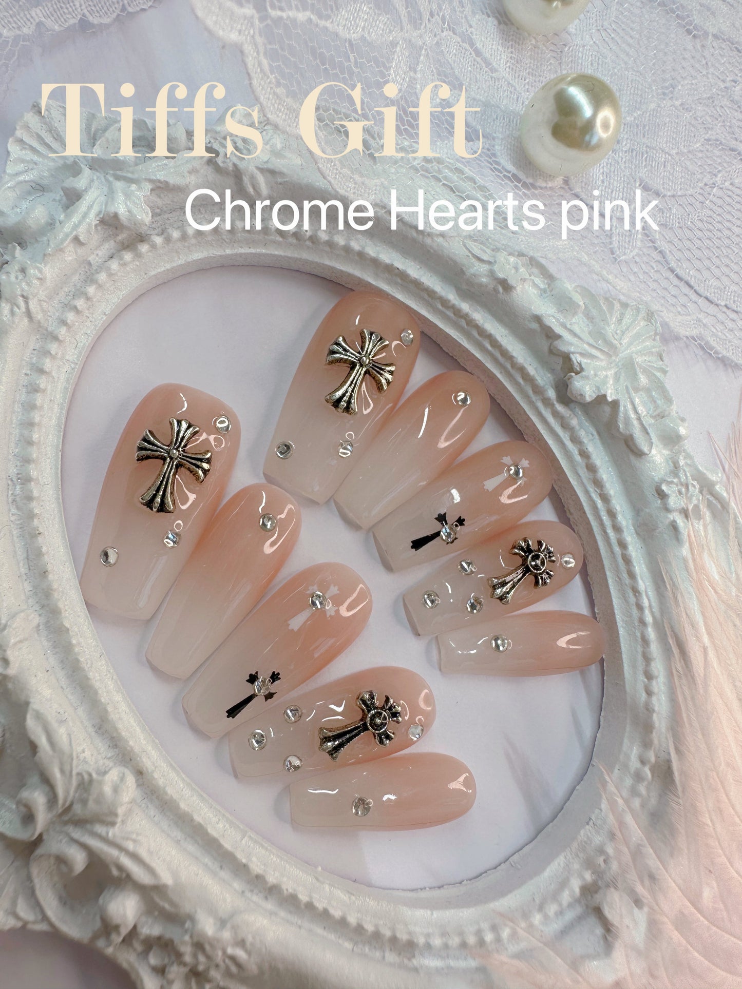 Chrome heart pink handmade press on nails - TiffsGift