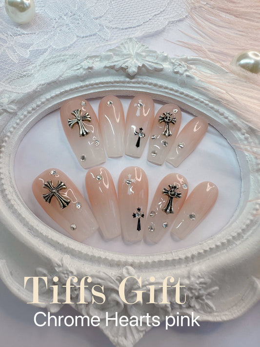 Chrome heart pink handmade press on nails - TiffsGift