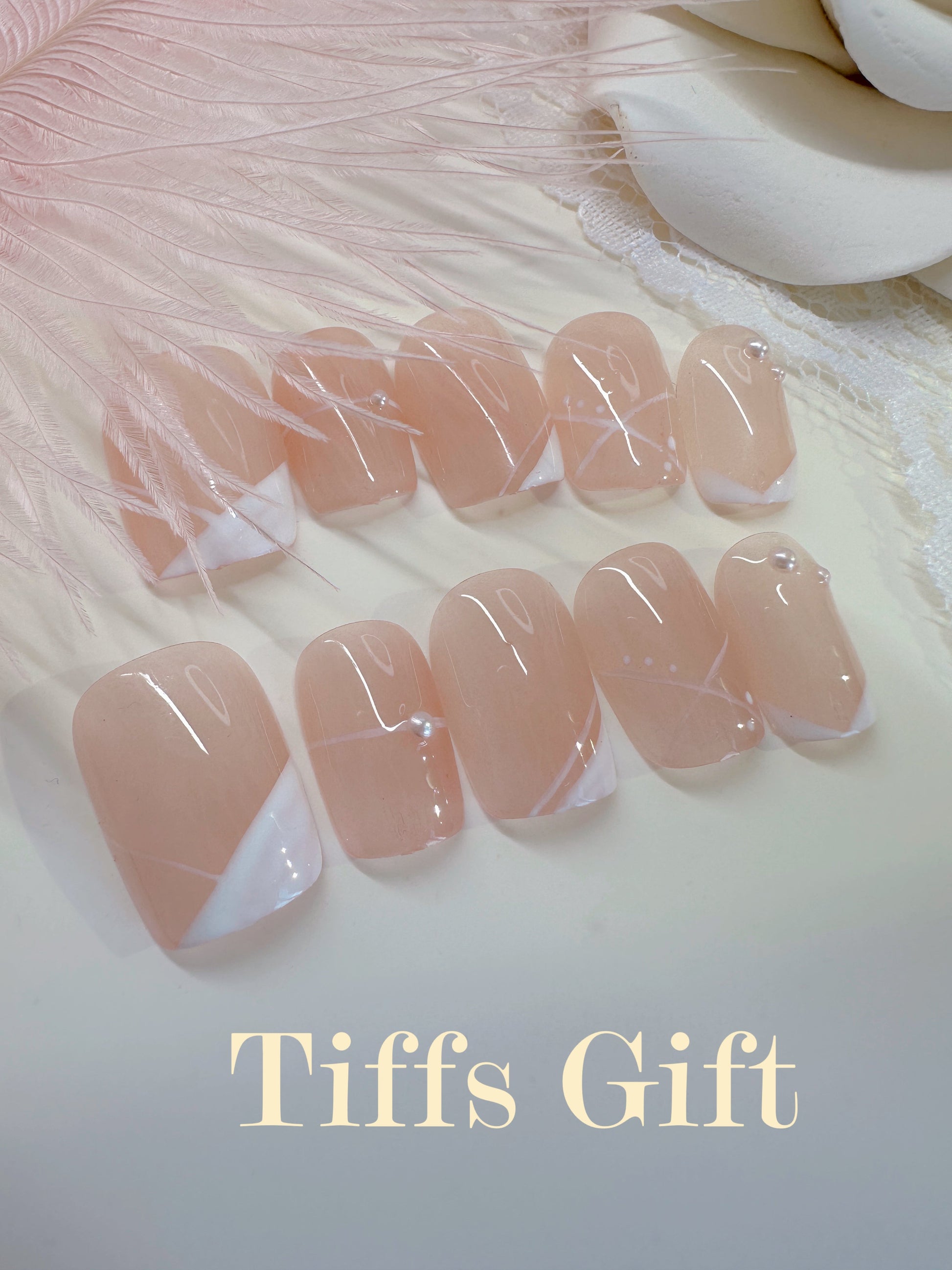 French tip with little pearl (short) Reusable Hand Made Press On Nails - TiffsGift