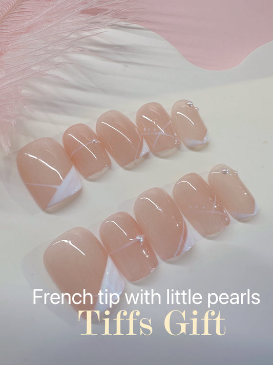 French tip with little pearl (short) Reusable Hand Made Press On Nails - TiffsGift
