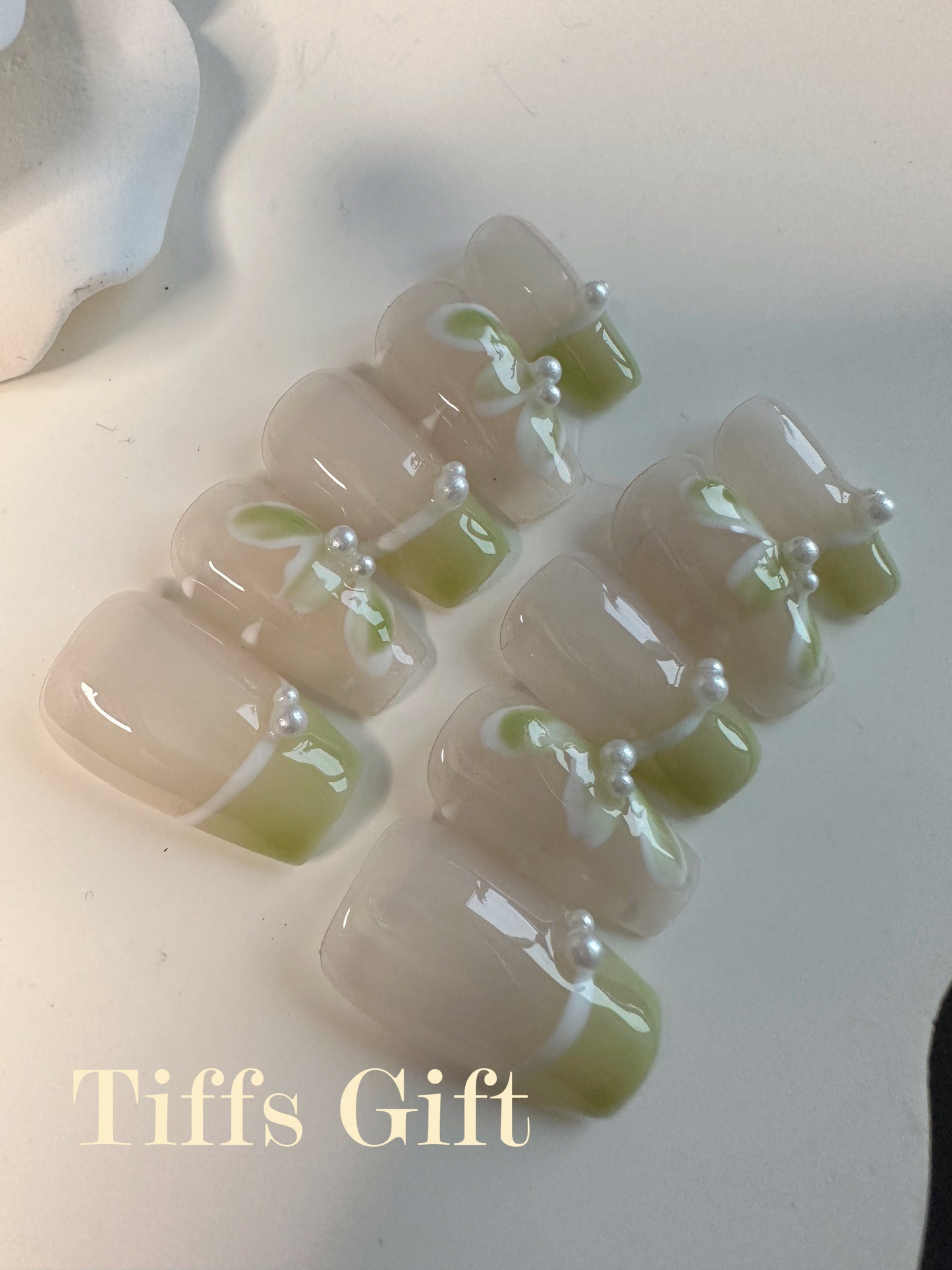 Green French tip (medium) Reusable HandMade Press On Nails - TiffsGift