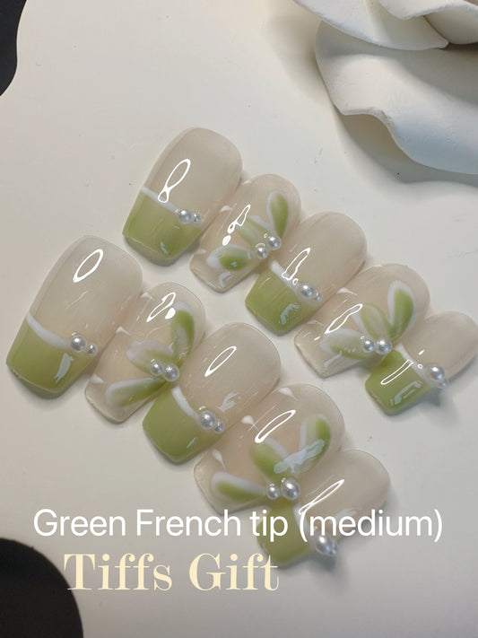 Green French tip (medium) Reusable HandMade Press On Nails - TiffsGift