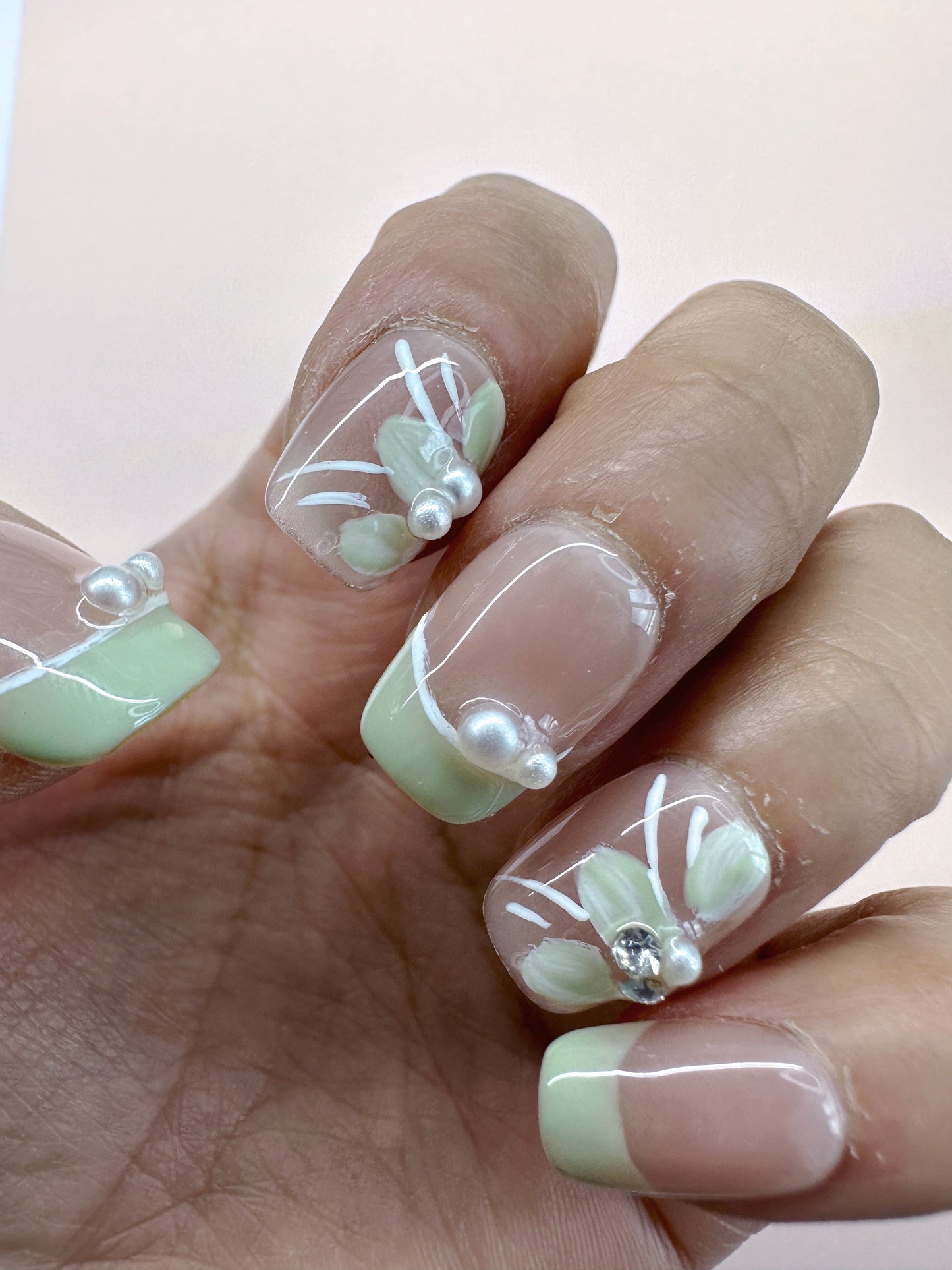 Green French tip (short) Reusable Hand Made Press On Nails - TiffsGift