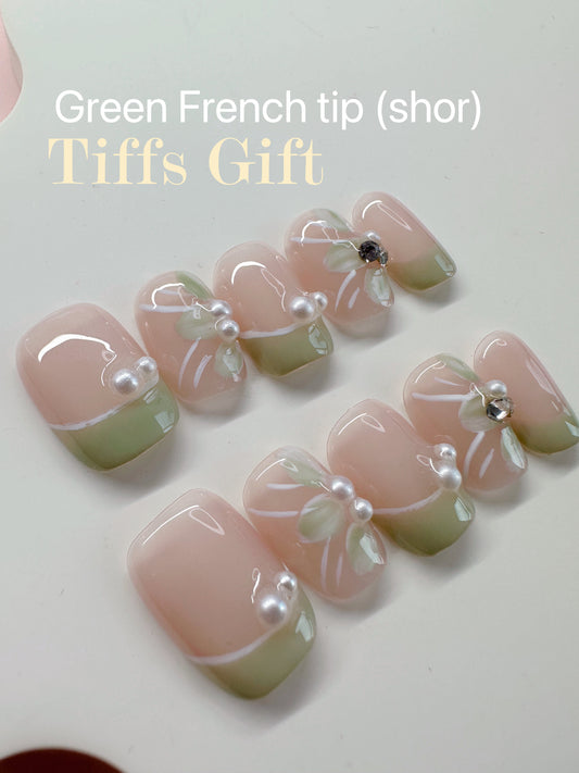 Green French tip (short) Reusable Hand Made Press On Nails - TiffsGift