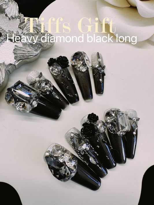 Heavy diamond black long Reusable Hand Made Press On Nails (long) - TiffsGift