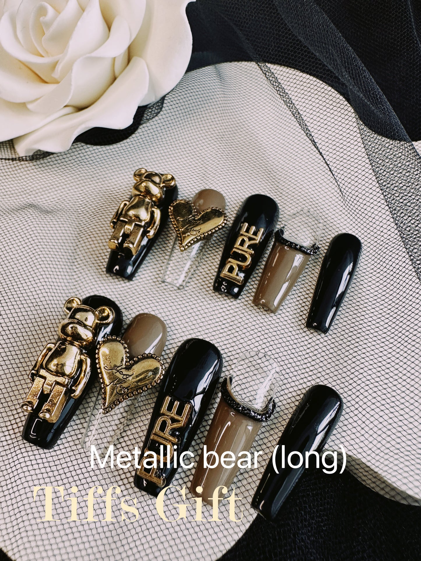 Metallic bear(long) Reusable HandMade Press On Nails - TiffsGift