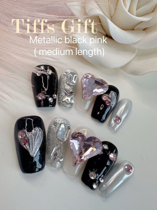 Metallic black pink(medium length) Reusable HandMade Press On Nails - TiffsGift