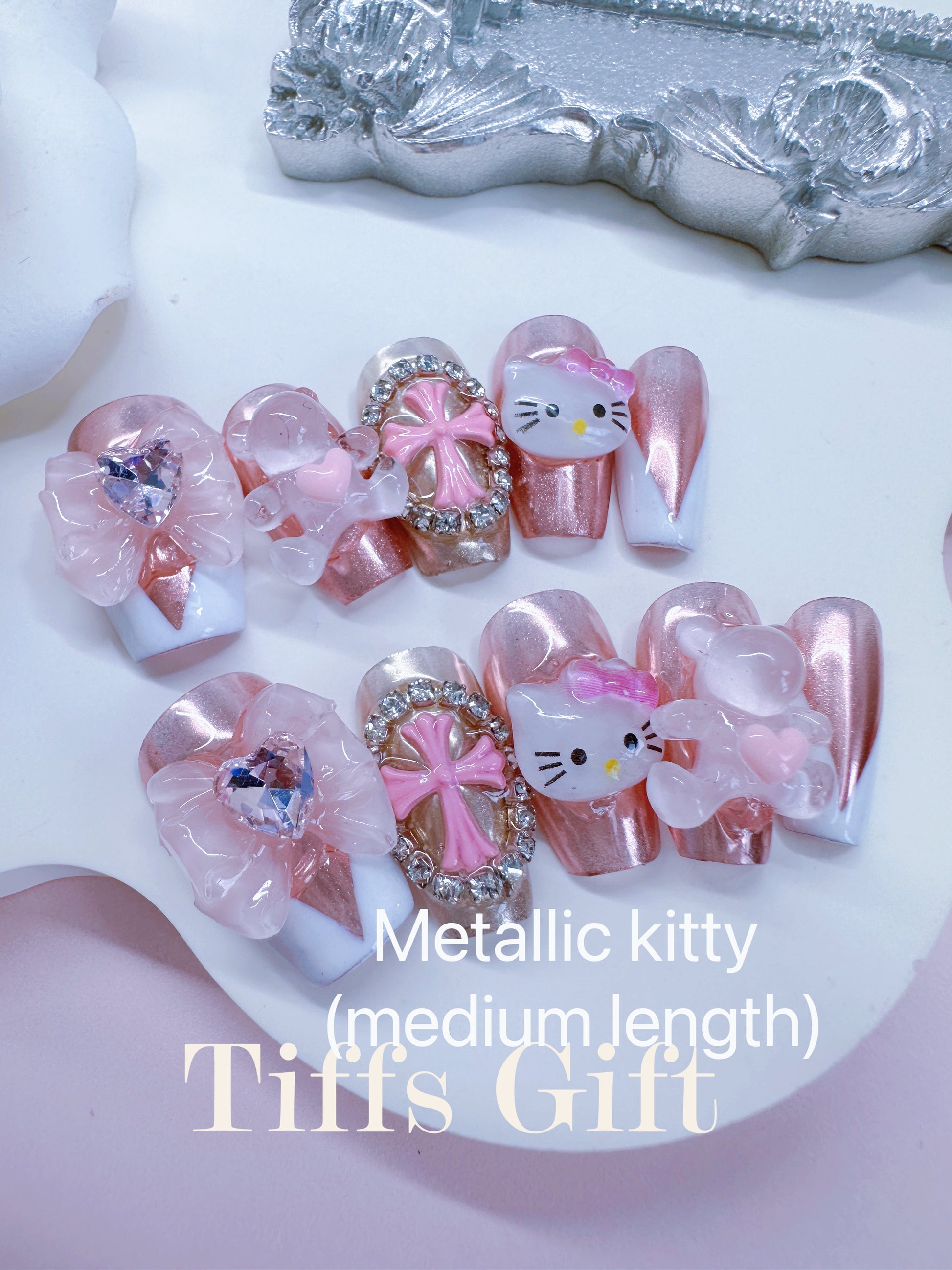 Metallic kitty( medium length) Reusable Hand Made Press On Nails - TiffsGift