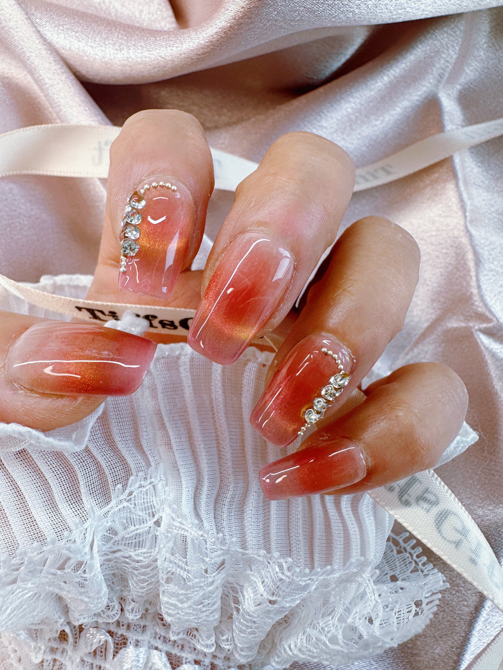 Peach diamonds (medium length) Reusable HandMade Press On Nails - TiffsGift