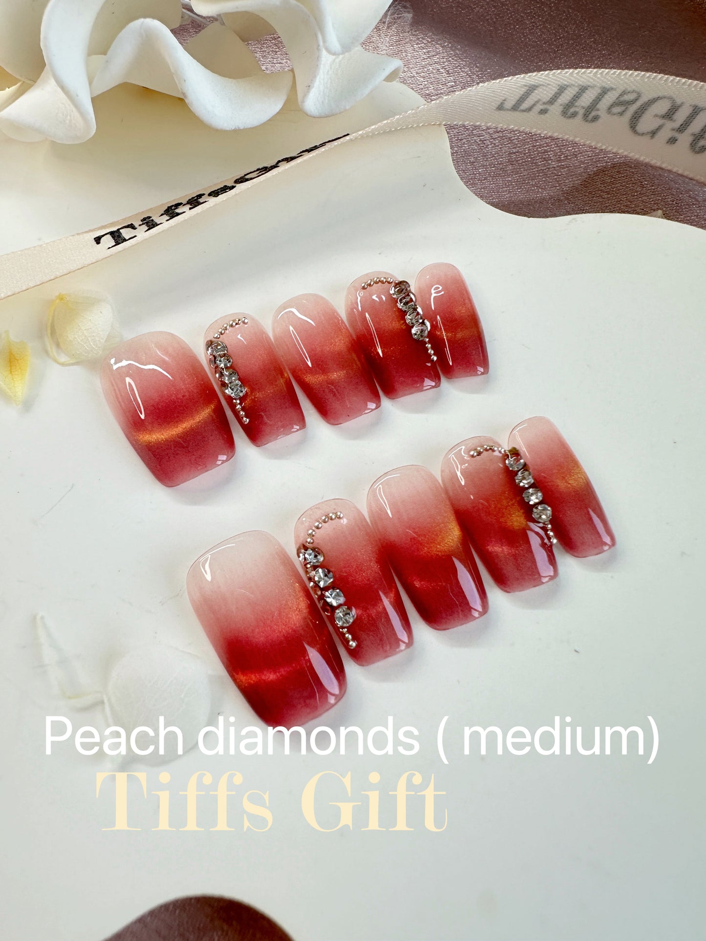 Peach diamonds (medium length) Reusable HandMade Press On Nails - TiffsGift