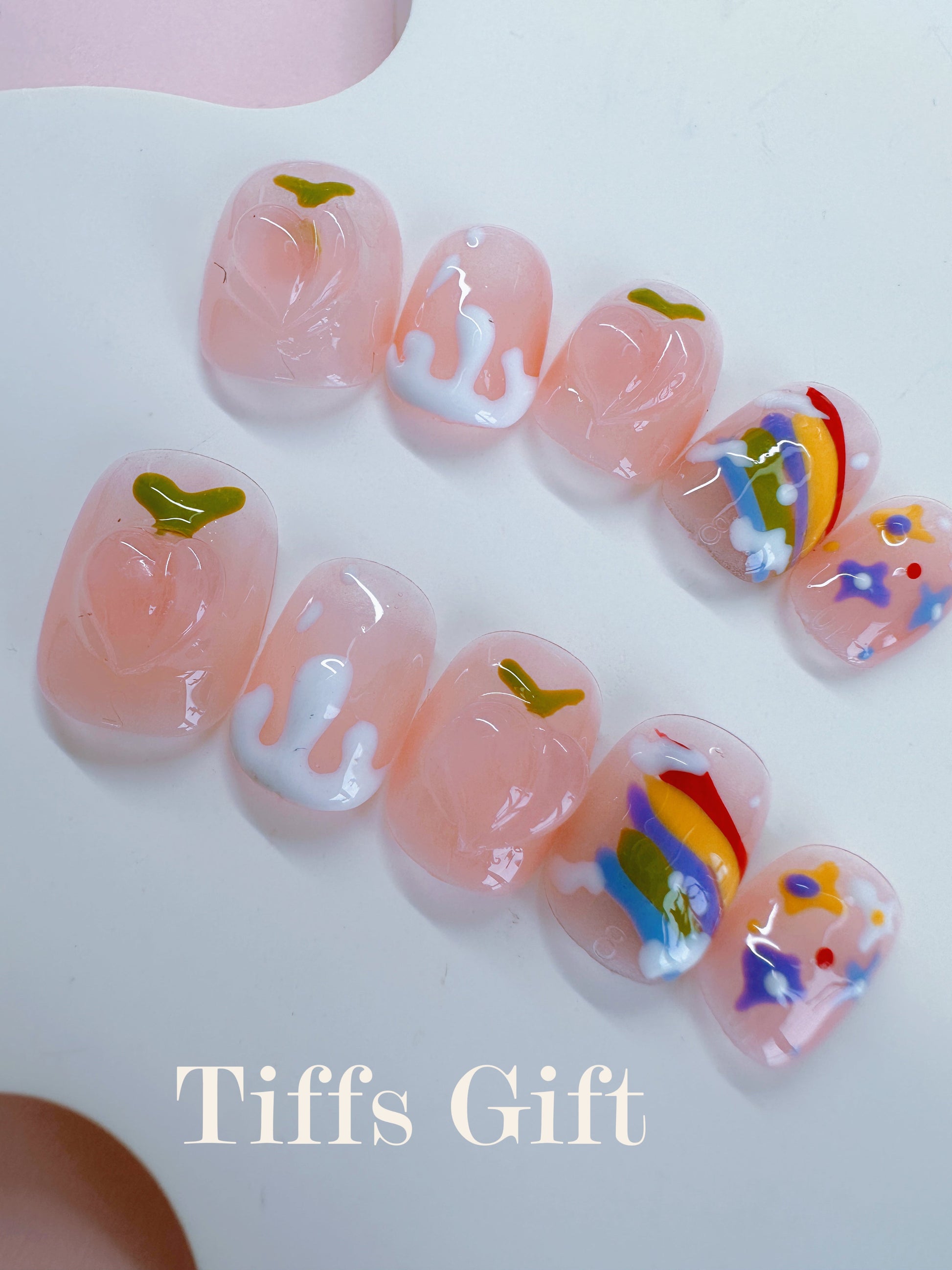 Peach rainbow (short) Reusable Hand Made Press On Nails - TiffsGift