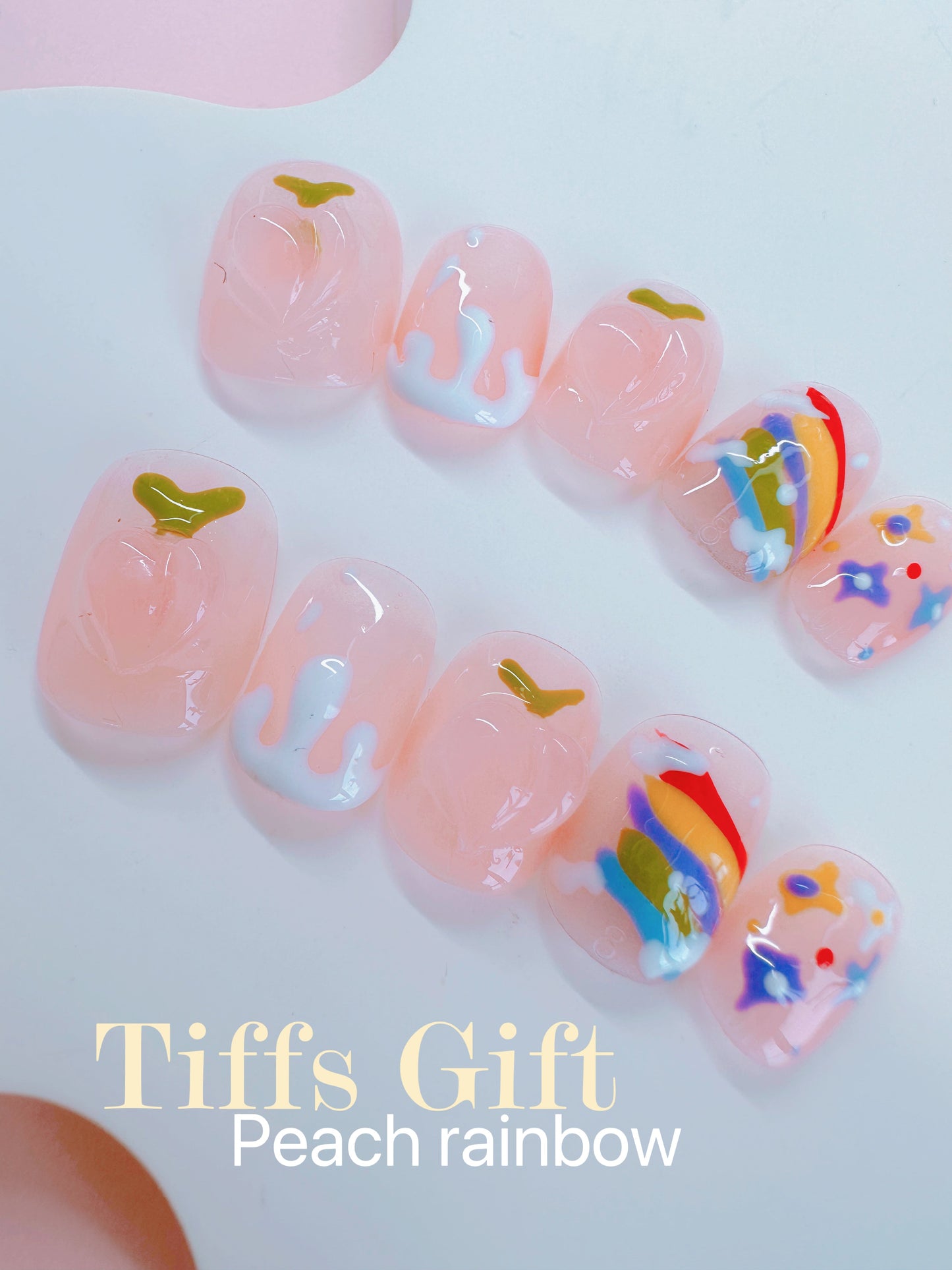 Peach rainbow (short) Reusable Hand Made Press On Nails - TiffsGift