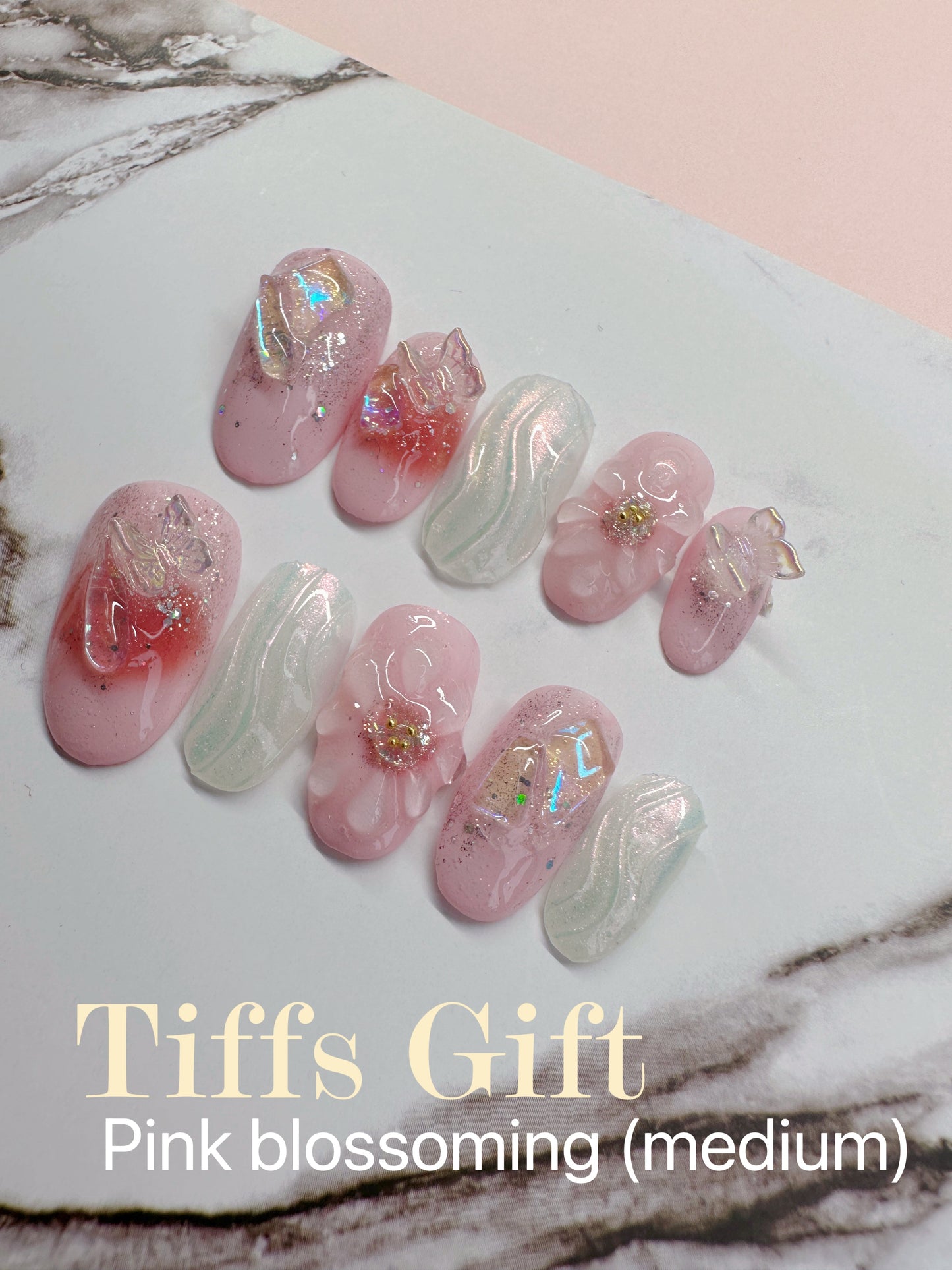 Pink blossom (medium length) Reusable Hand Made Press On Nails - TiffsGift