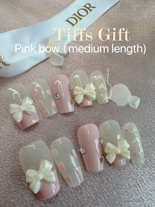 Pink bow (medium length) Reusable HandMade Press On Nails - TiffsGift