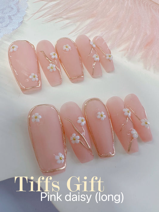 Pink daisy (long) Reusable Hand Made Press On Nails - TiffsGift