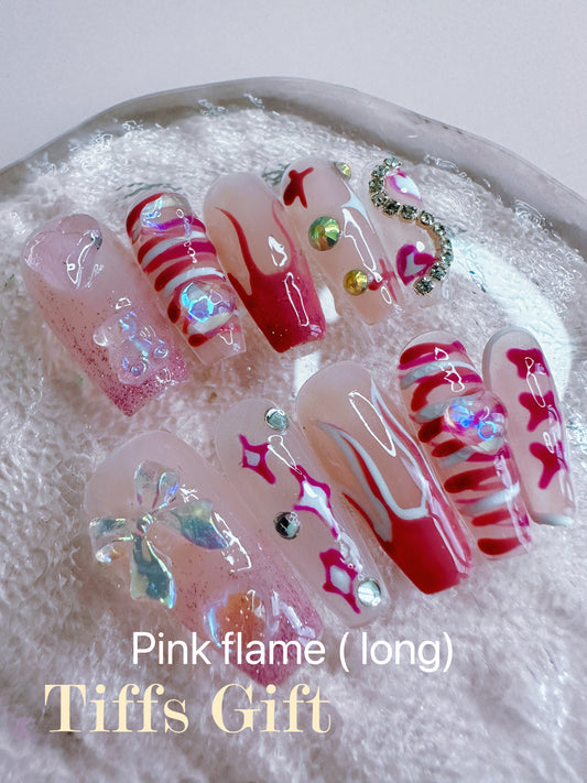 Pink flame (long) Reusable Hand Made Press On Nails - TiffsGift