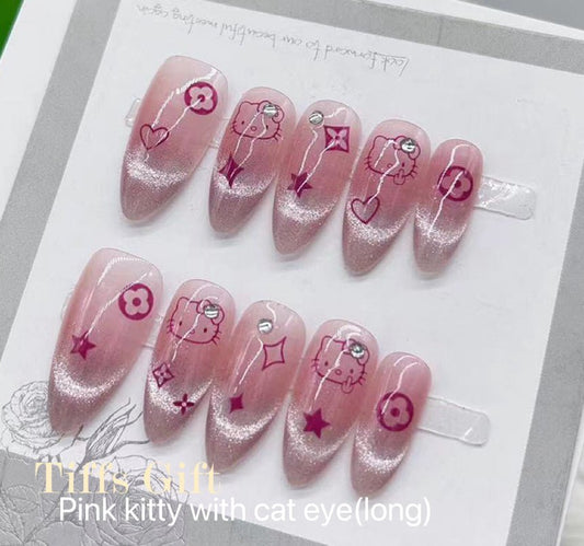 Pink kitty with cat eye(long) Reusable Hand Made Press On Nails - TiffsGift