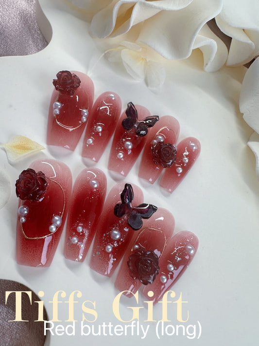 Red Butterfly Reusable Hand Made Press On Nails High Quality - TiffsGift