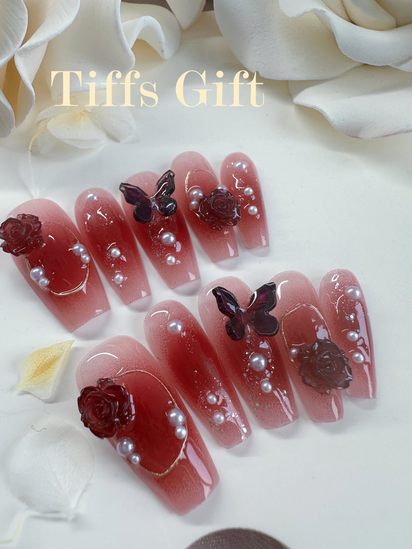 Red Butterfly Reusable Hand Made Press On Nails High Quality - TiffsGift