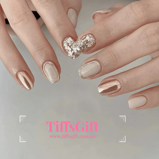 Shimmering Gold (short) Reusable Hand Made Press On Nails High Quality - TiffsGift