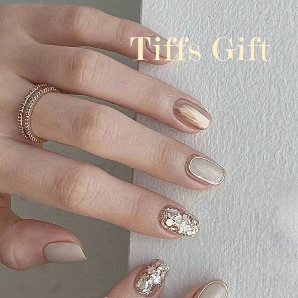 Shimmering Gold (short) Reusable Hand Made Press On Nails High Quality - TiffsGift