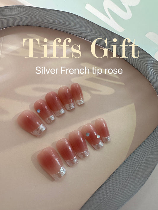 Silver French tip rose handmade press on nails - TiffsGift